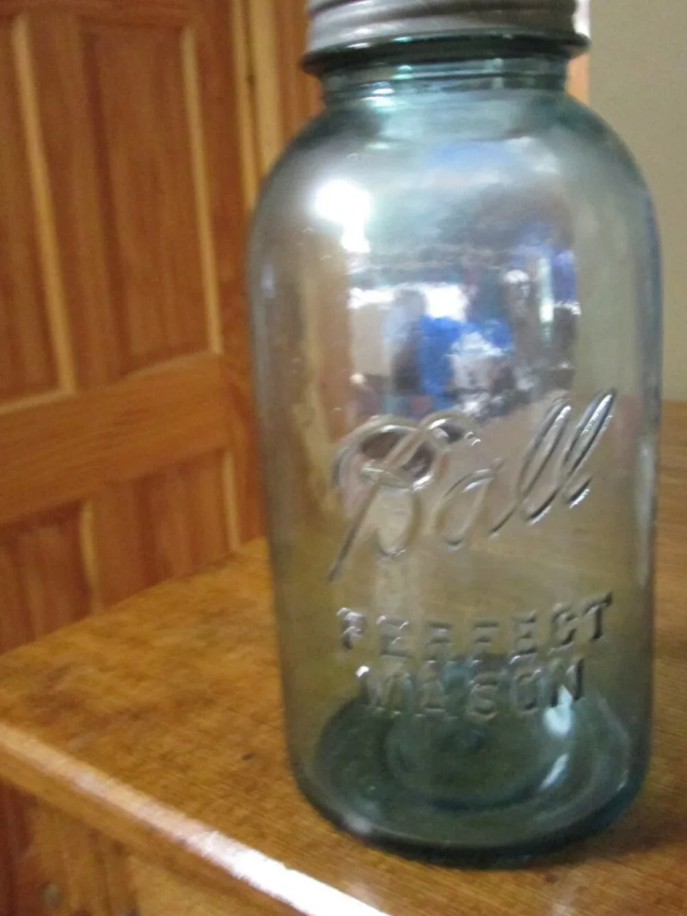 antique half gallon blue green zinc lid embossed ball canning jar